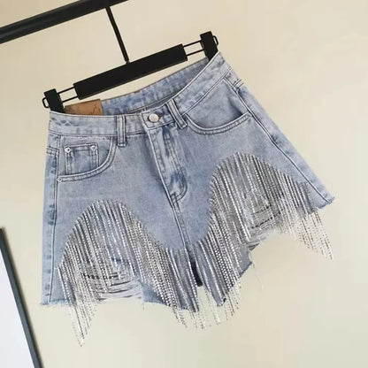 Diamond Tassel Pocket Women Jeans Denim Shorts Y2K High Waist Pants Fashion Summer Slim Fit Casual Ripped Jeans Femme HOT SALE