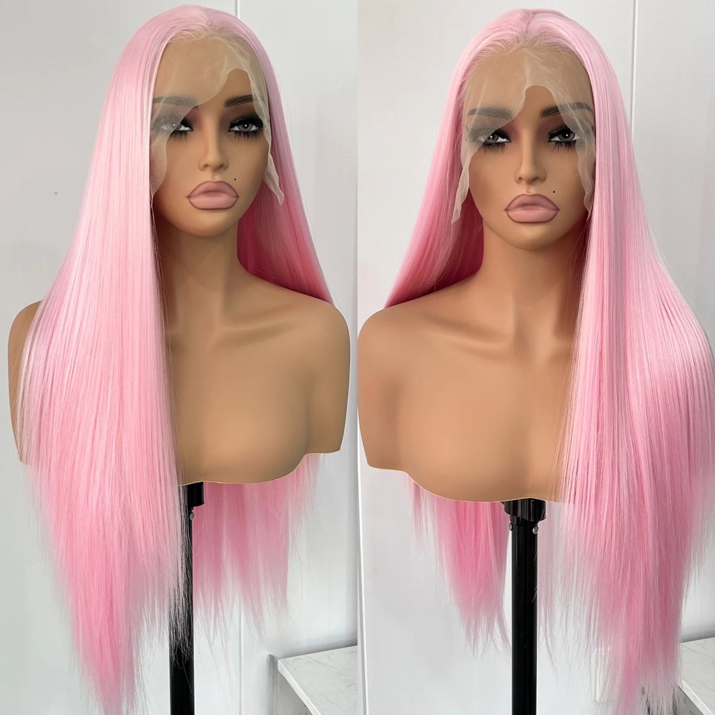 Light Pink Long Silky Straight Synthetic Lace Front Wig Free Part Pastel Pink Heat Resistant Fiber Wigs for Women Daily Party