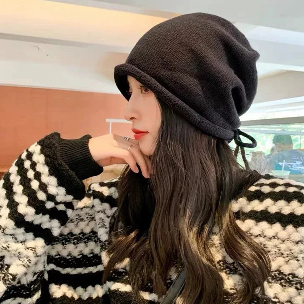 Fashion Drawstring Baggy Slouchy Beanie For Women Autumn Winter Ear Warm Skullies Cap Solid Color Bonnet Girl Kintted Woolen Hat