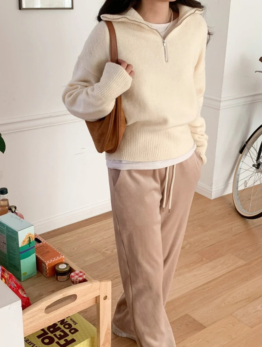 Women's Casual Loose Knitted Sweater Autumn Winter Chic Design Versatile f Zipper Stand Collar  Color Top