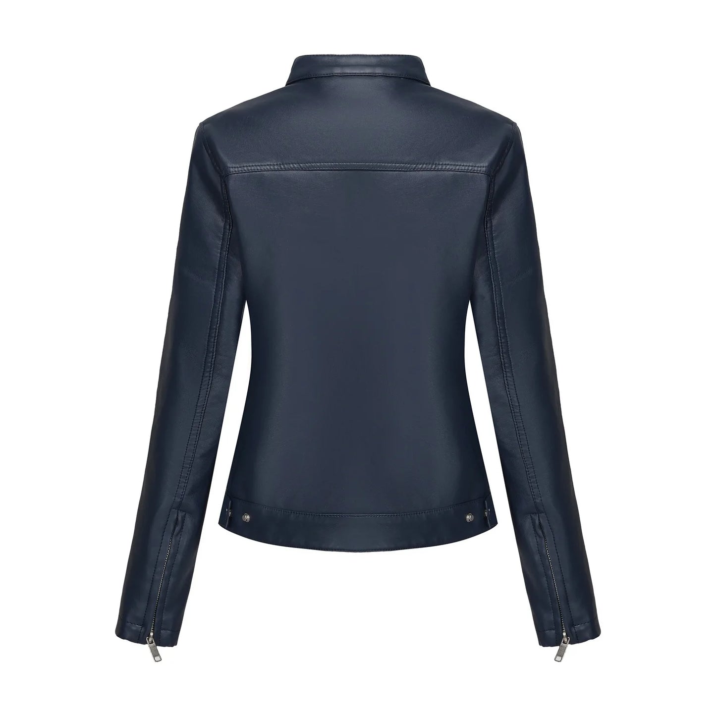 Black Women's Fitted Leather Jacket with Front Zipper & Side Pockets‌, Available in Brown, Navy Blue, and Beige.