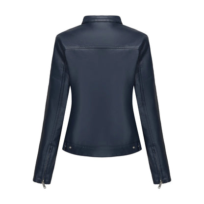 Black Women's Fitted Leather Jacket with Front Zipper & Side Pockets‌, Available in Brown, Navy Blue, and Beige.