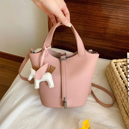 Popular and popular lychee patterned mother and child bucket bag for women, 2025 new casual retro handbag, casual commuting bag