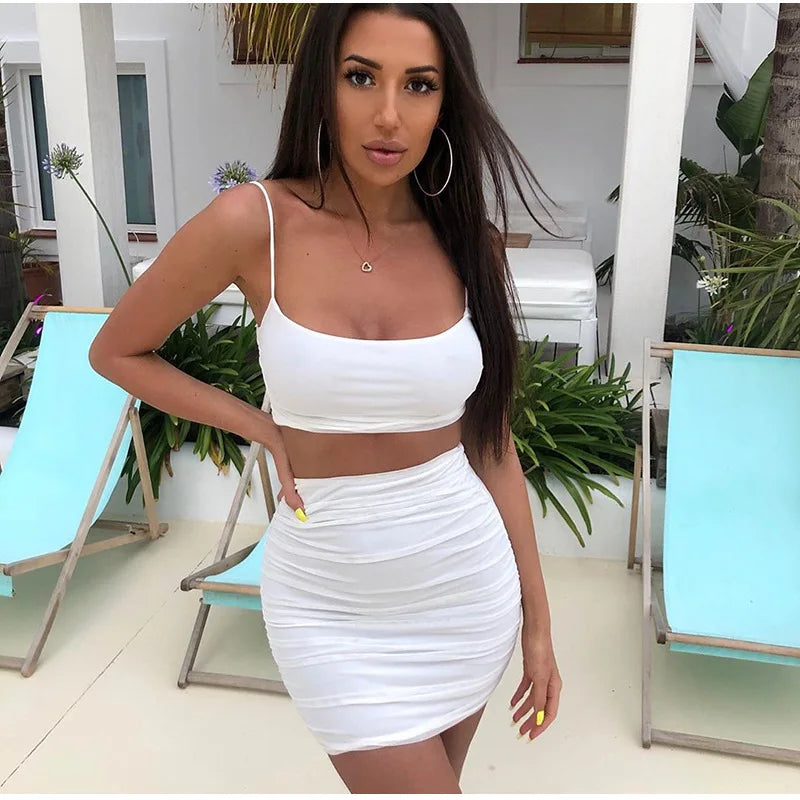 Women's New Sexy Sleeveless Strap Small Tank Top Short Top Fashion Wrinkle Bag Hip Skirt Two Piece Set