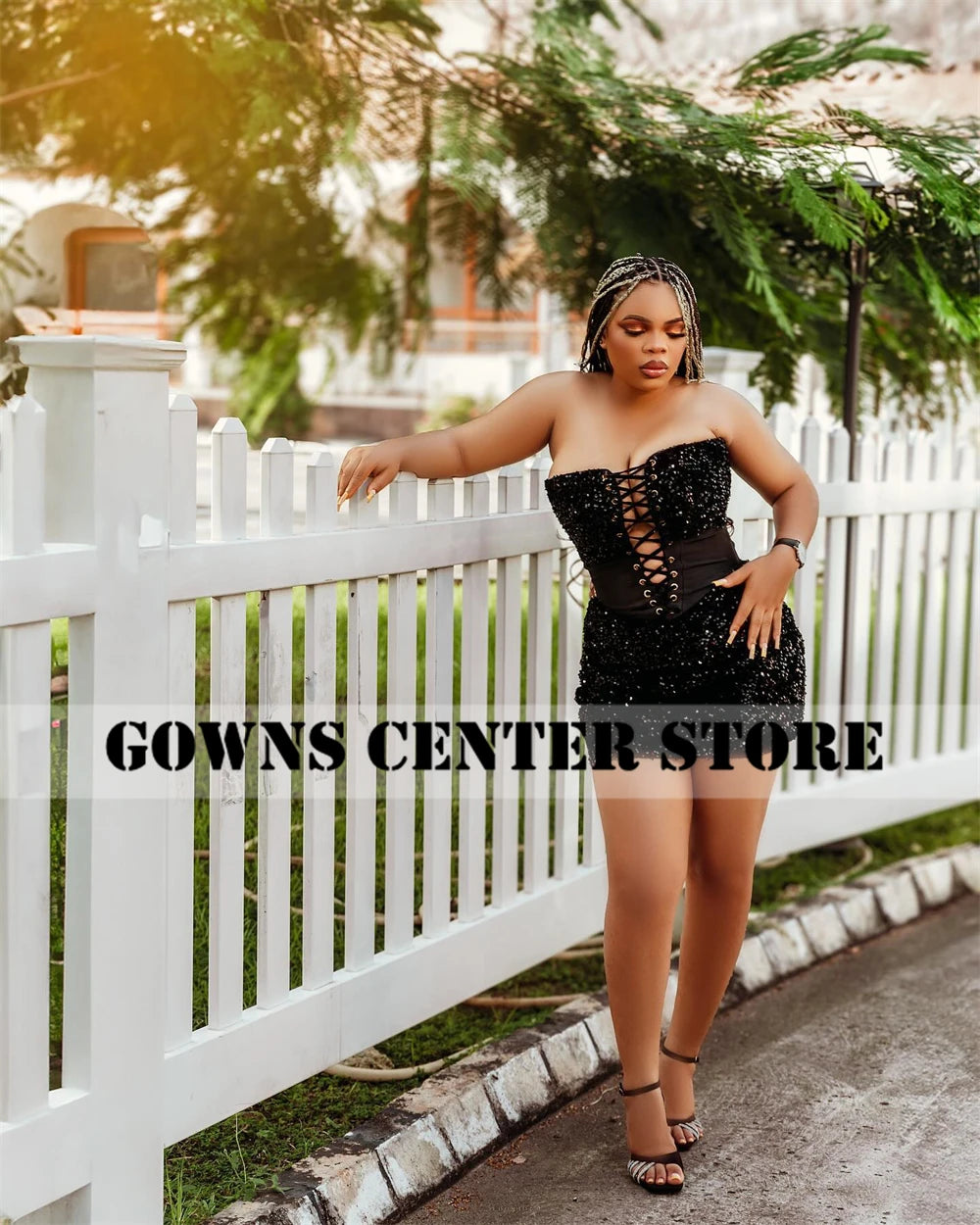 Sexy Black Sequin Short Aso Ebi Prom Dress Lace-up Strapless African Mini Cocktail Gown 2025 Birthday Luxury Dress Customized