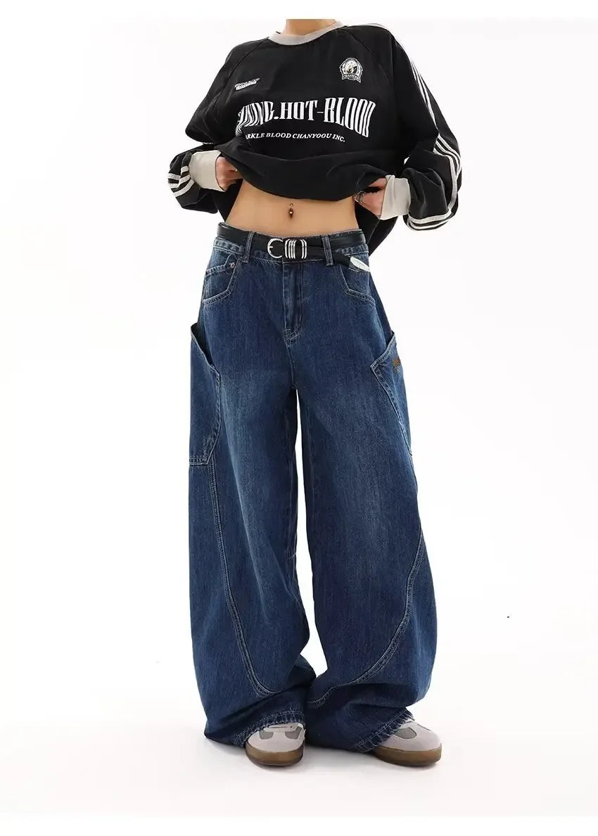 American Retro Knife Pocket Wide Leg Jeans Women's Spring Autumn Style Hot Girl High Street Design Loose Floor-Length Pants