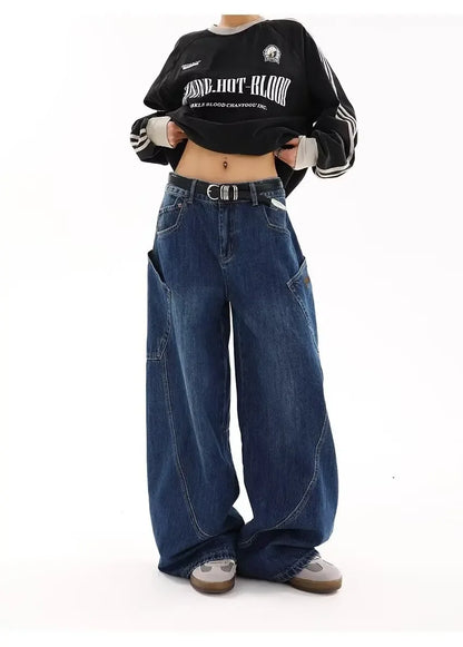 American Retro Knife Pocket Wide Leg Jeans Women's Spring Autumn Style Hot Girl High Street Design Loose Floor-Length Pants