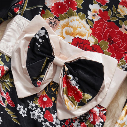 Japanese Kimono V-neck Printed Flower Bow Waist Shaping Cardigan Dress Women Clothing Loose Long Sleeve Vintage Sexy Lace-up New