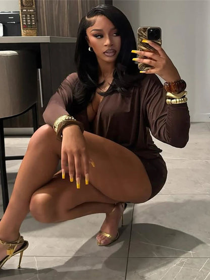 Sisterlinda Women's Elegant Deep V-Neck Mini Dress Full Sleeve Skinny Peach Hip Midnight Club Party Sexy Fashion Solid Bodycon