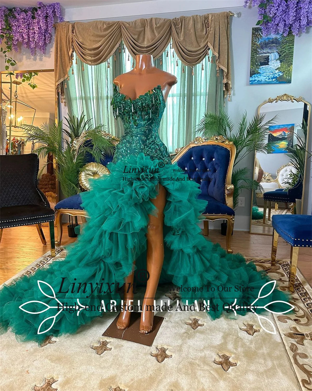 Sparkly Sequin Beaded Mermaid Prom Dress For Black Girls Luxury Evening Party Gala Gown Birthday Ruffles Slit robes de soirée