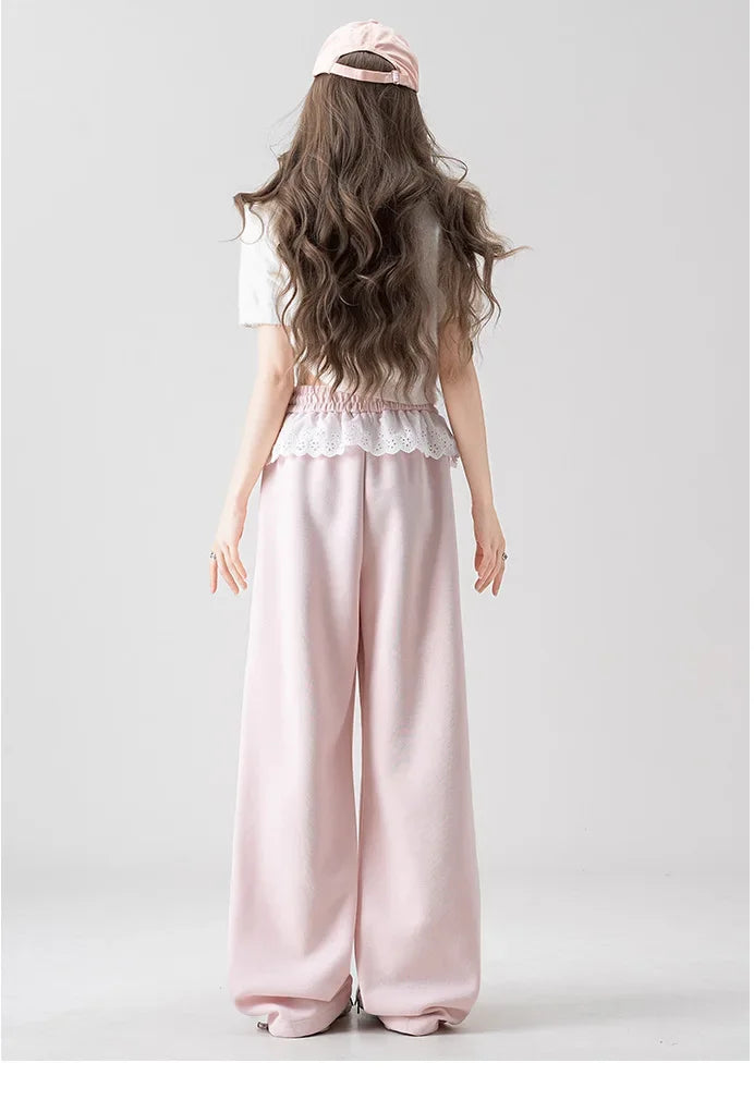 Pink Lace Splicing Design Wide Leg Pants Women's Loose Casual Sweatpants Spring New Style Slimming Effect Comfortable Fit