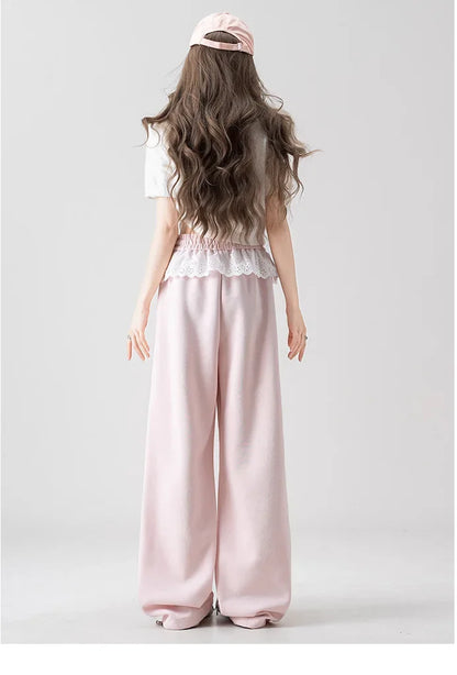 Pink Lace Splicing Design Wide Leg Pants Women's Loose Casual Sweatpants Spring New Style Slimming Effect Comfortable Fit