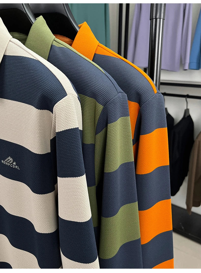High end brand men's long sleeve polo shirt autumn fashion striped original letter design boutique golf casual business T-shirt