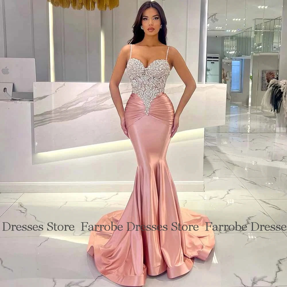 Dubai Luxury Prom Dresses Satin Mermaid/Trumpet Celebrity Dress Rose Pink Sweetheart Rhinestones Pleat Ruched Party Dress Long