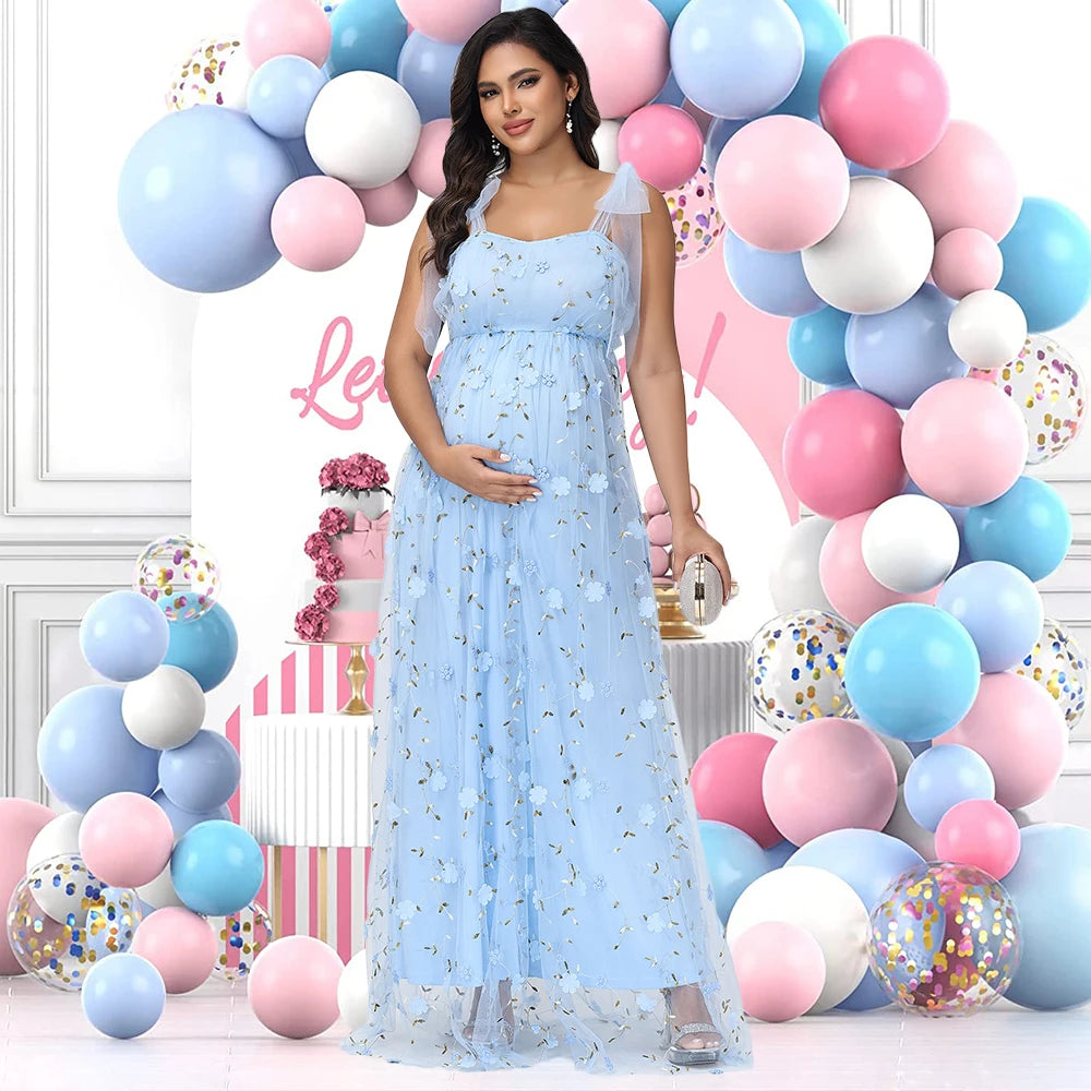 Maternity Photography Tulle Straps Evening Party Gowns Floral Embroidered Mesh Summer Long Dress for Baby Shower Photoshoot