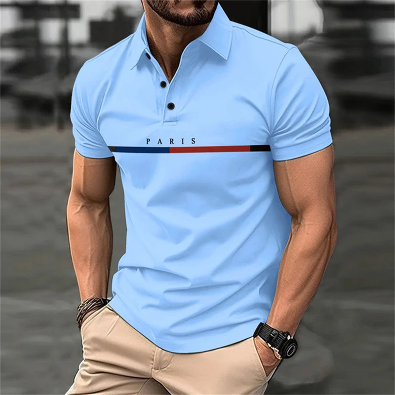 Men's color blocked short sleeved lapel golf shirt with casual style slight elasticity regular summer loose fit golf Men shirt