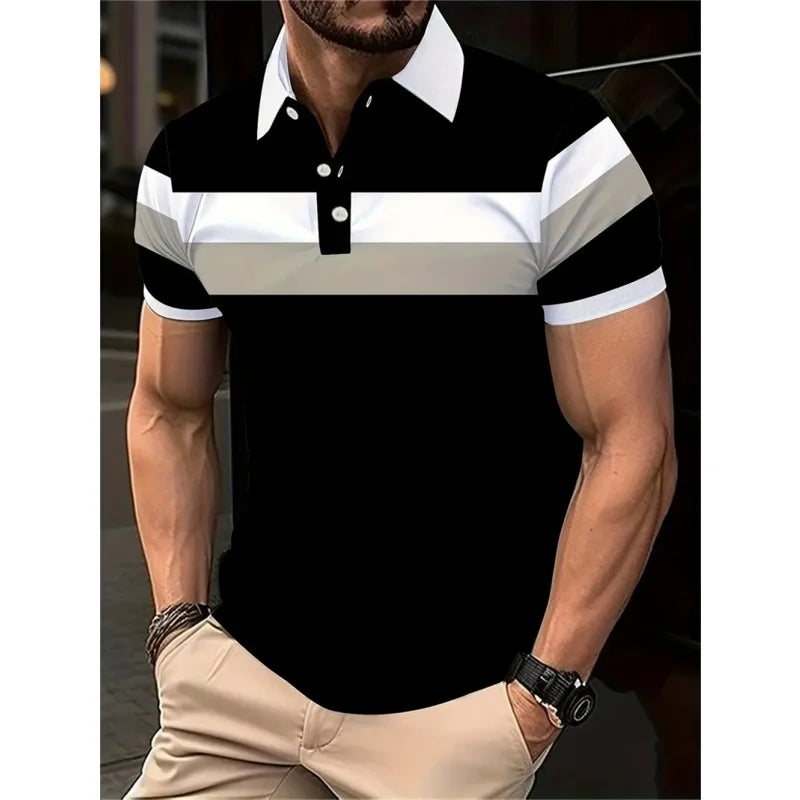 3D Print Striped Color Block Polo Shirt For Men Colorful Pattern T-Shirt Summer Casual Lapel Tops Loose Short Sleeve Street Tees