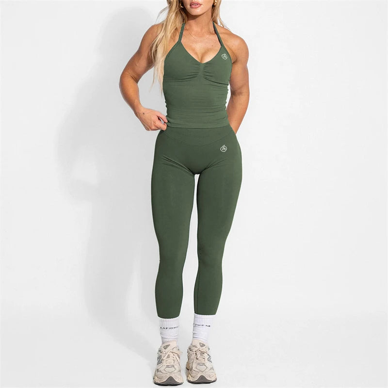 Women's Yoga Set Bum Balance Fitted Halter Tops & Shaping Pants 2pcs Yoga Sportwear Workout Gym Clothing High Waist Leggings Set