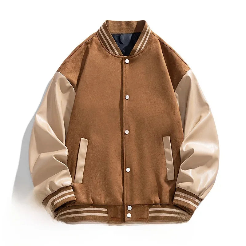 American Retro Suede Baseball Jacket Men's Spring Autumn Casual Leather Sleeve Outerwear JK819 Public Version Couple's Style