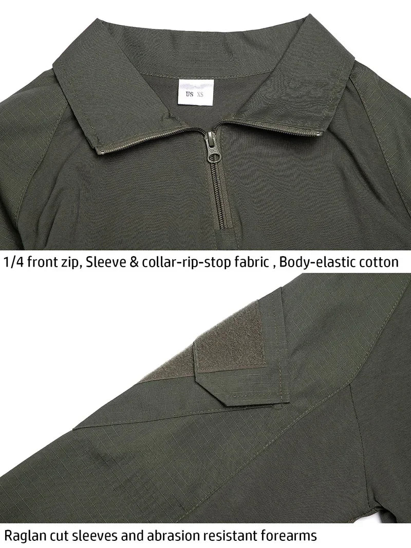 Men's Outdoor Tactical Shirts Long Sleeve Outfit Combat Shirt 1/4 Zipper Ripstop Tops Workwear pullover Camo Airsoft T-Shirts