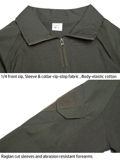 Men's Outdoor Tactical Shirts Long Sleeve Outfit Combat Shirt 1/4 Zipper Ripstop Tops Workwear pullover Camo Airsoft T-Shirts