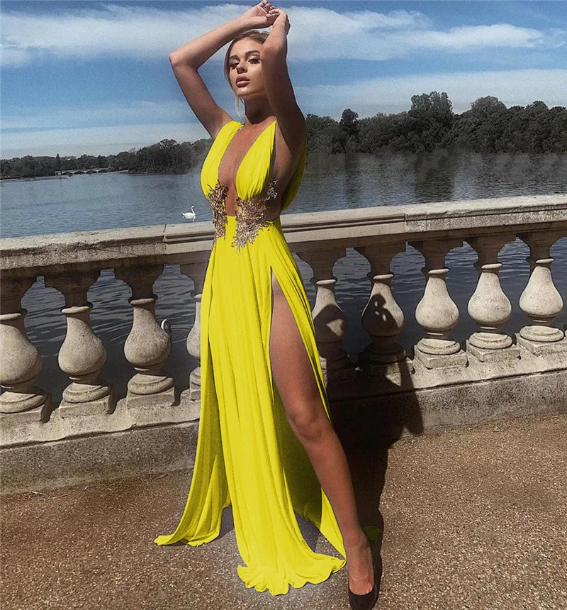 Sexy Deep V-neck Embroidery High Slit Maxi Dress Women Elegant Evening Wedding Sleeveless Backless Party Long Dresses Robe Femme