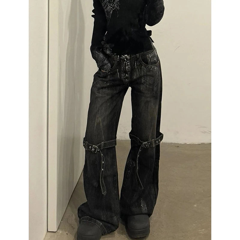 Black Women's Jeans High Waist Hip Hop Straight Fashion Pants Streetwear Harajuku Y2K Star 2024 Female Wide Leg Denim Trouser