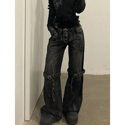 Black Women's Jeans High Waist Hip Hop Straight Fashion Pants Streetwear Harajuku Y2K Star 2024 Female Wide Leg Denim Trouser