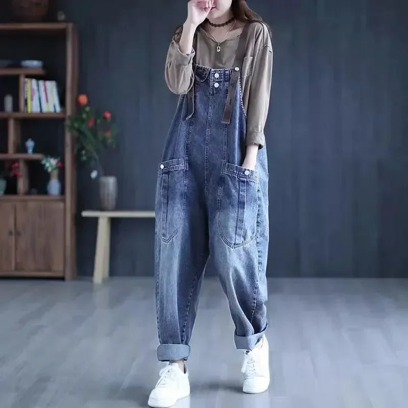 Jumpsuit Women Jeans Rompers New Retro Big Pocket Loose Denim Overalls Fashion Casual Wide-leg Pants Jumpsuits Cloth