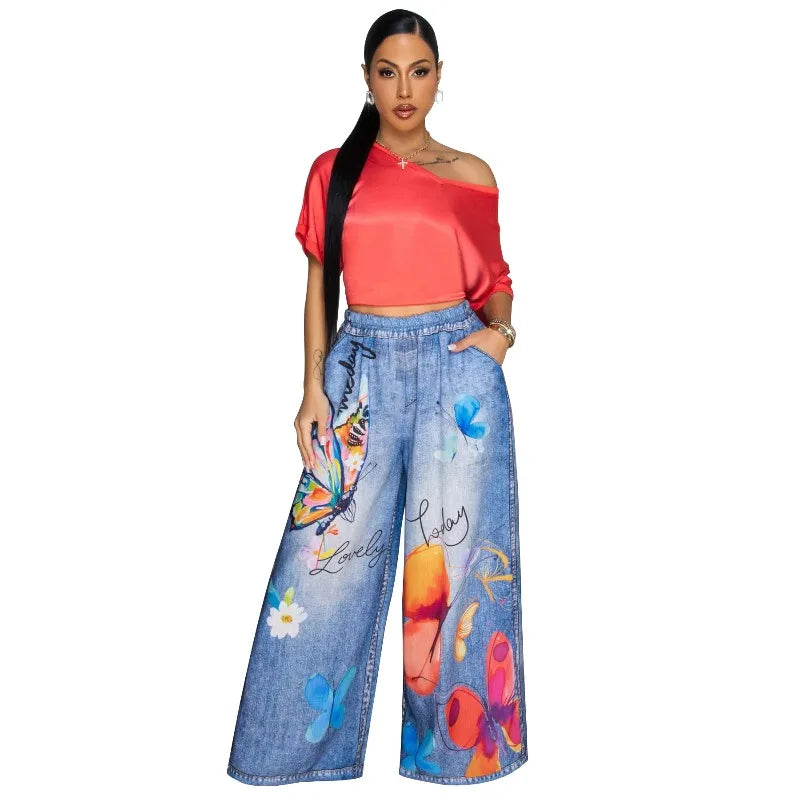 KEXU Women's Tie Dye Printed Wide Leg Casual Loose Long Pants Streetwear