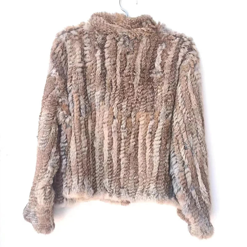 Women Winter Real Rabbit Fur Knitted Coat Female Casual Long Sleeve Genuine Fur Jacket Warm Thick Outwear Femme