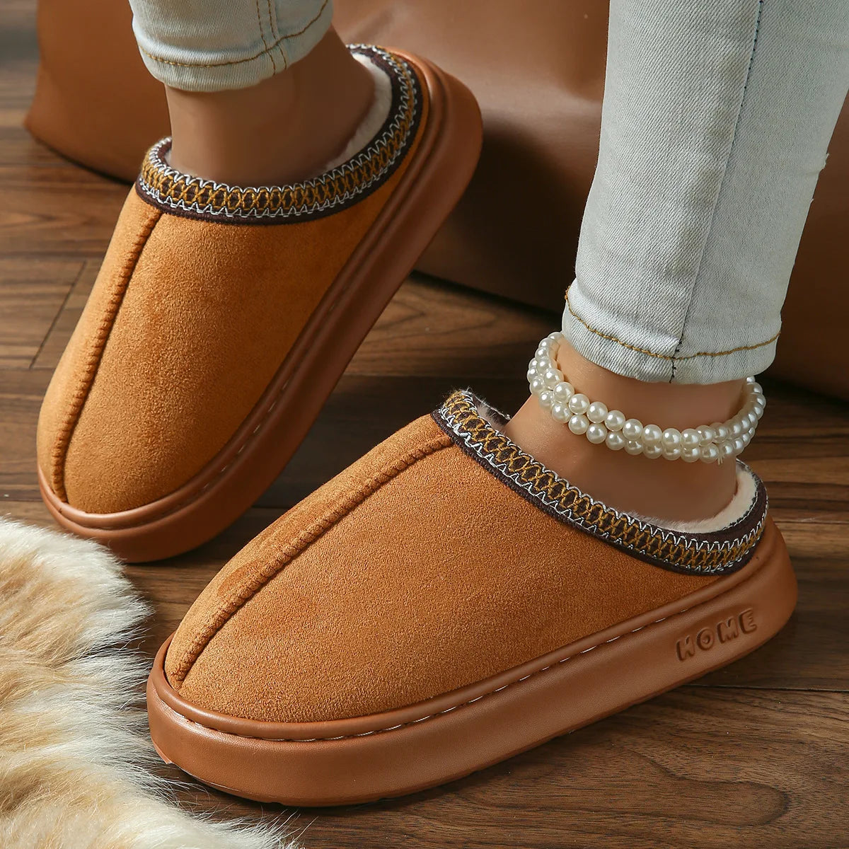 Pantoufles D'hiver Chaudes Pour Femmes, Intérieur En Peluche, Semelle Épaisse Antidérapante, Chaussures De Maison Chaudes Brodée