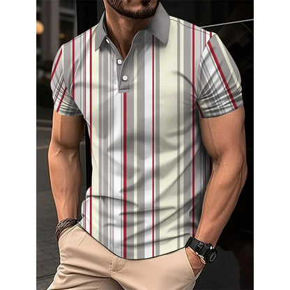 3D Print Stripes Color Block Polo Shirt For Men Colorful Pattern T-Shirts Summer Loose Street Lapel Top Button Short Sleeve Tees
