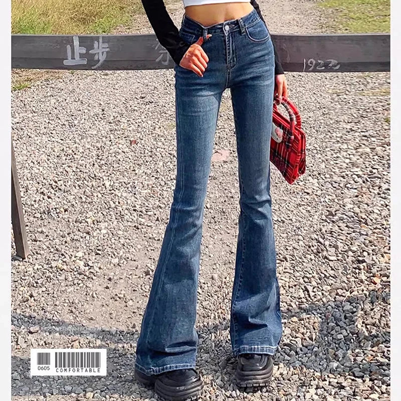 Woman Elastic High Waist Bell Bottom Jeans Female High Street Designer Flare Pants Lady Fashion Blue Black Gothic Denim Trousers