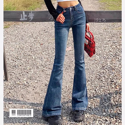 Woman Elastic High Waist Bell Bottom Jeans Female High Street Designer Flare Pants Lady Fashion Blue Black Gothic Denim Trousers