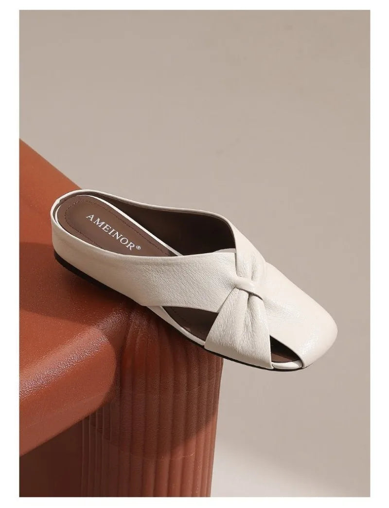 2025 Women Fashionable and Versatile Shoes Brand Slippers Casual and Comfortable Bowknot Casual Leather Slippers