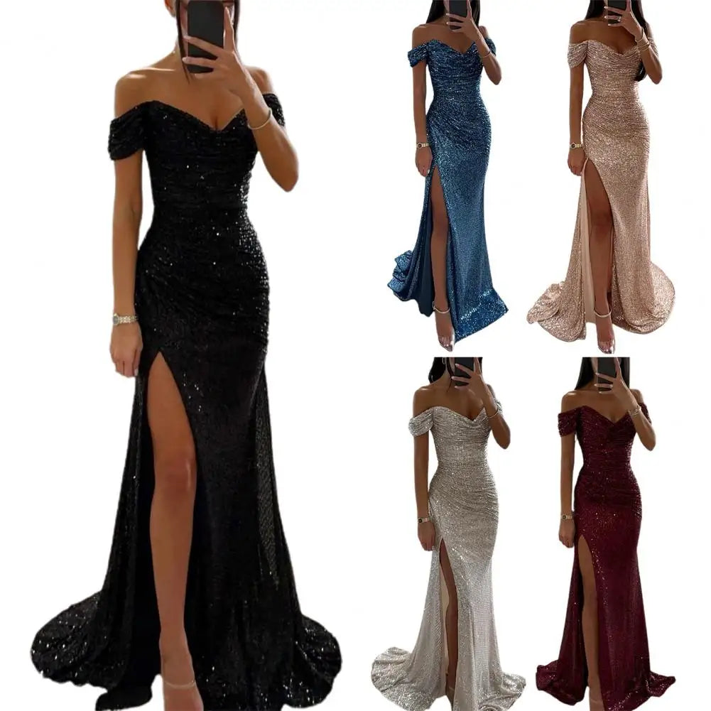 2025 Elegant Off-shoulder Gown Dress V-Neck Sequin Pleated Short Sleeve Waist Tight Maxi Dress Split Evening Party Prom Dress