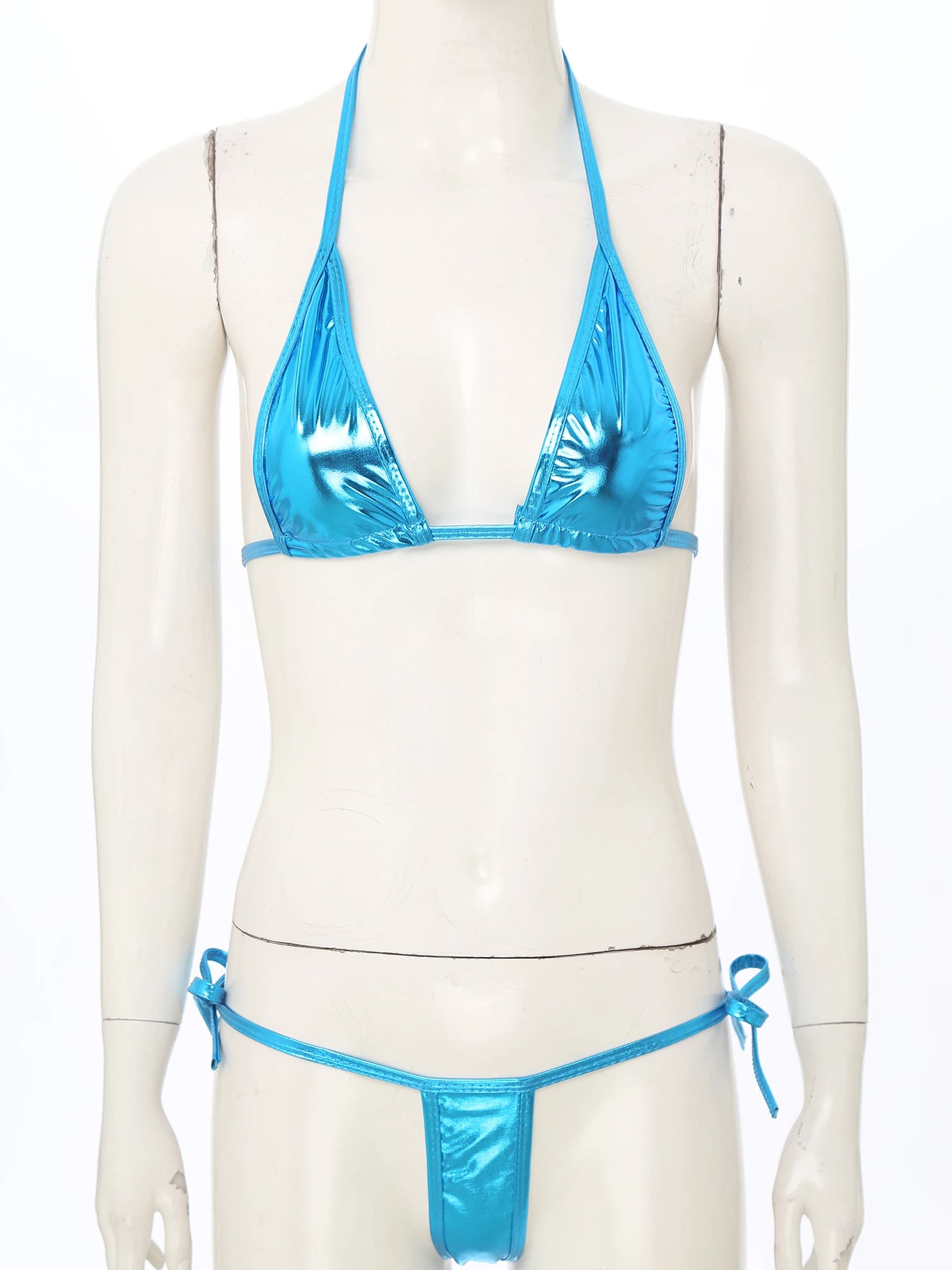 Womens Brazilian Micro Bikini Swimsuit Biquini Set Lacing Non-Padded Triangle Cup Bra Top with G-String Metallic Shiny Swimwear