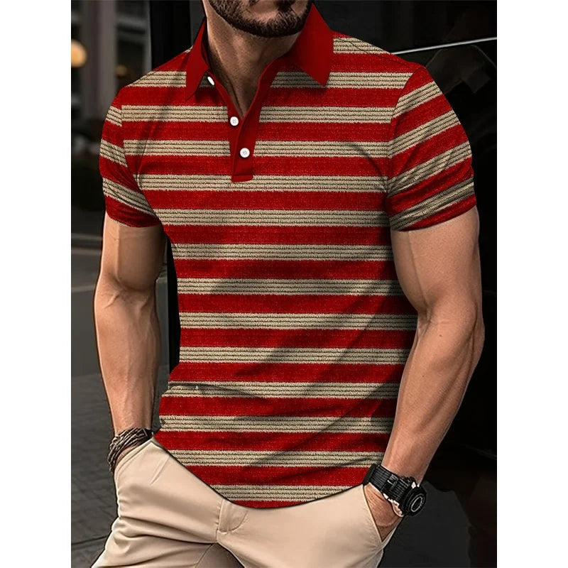 3D Print Colorful Color Block Polo Shirt For Men Stripes Pattern T-Shirts Summer Loose Street Lapel Top Button Short Sleeve Tees