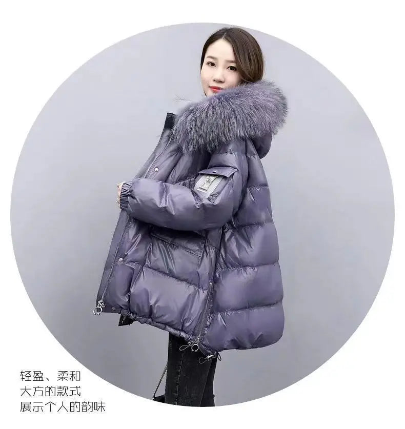 2025 Winter New Warm Down Cotton Jacket With Large Fur collar Hooded Coat Loose Women Thicken Parker Puffer Overcoat Casual wear