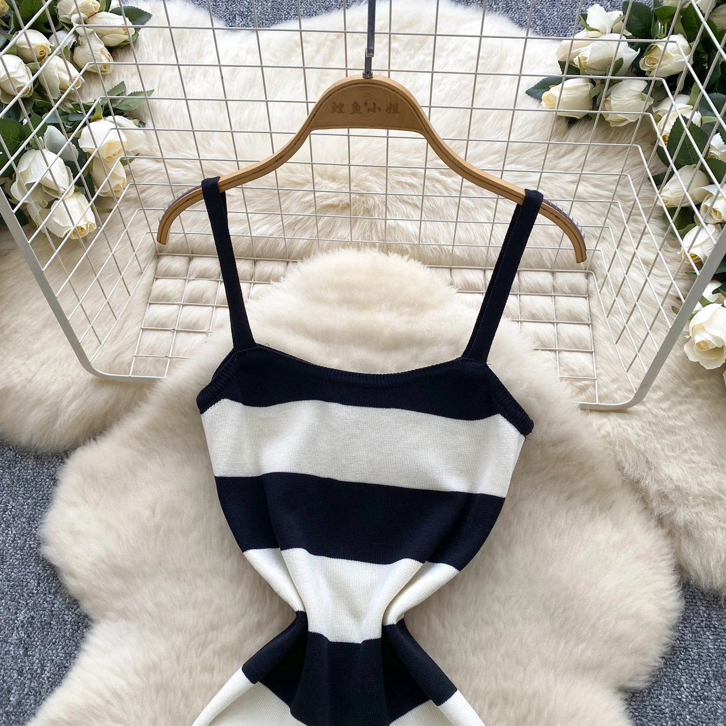 Lady New Stripes Ins Fashion Sexy Package Hips Bodycon Dress  Summer Knitted Spaghetti Straps Outfits Maxi Long Women Dress