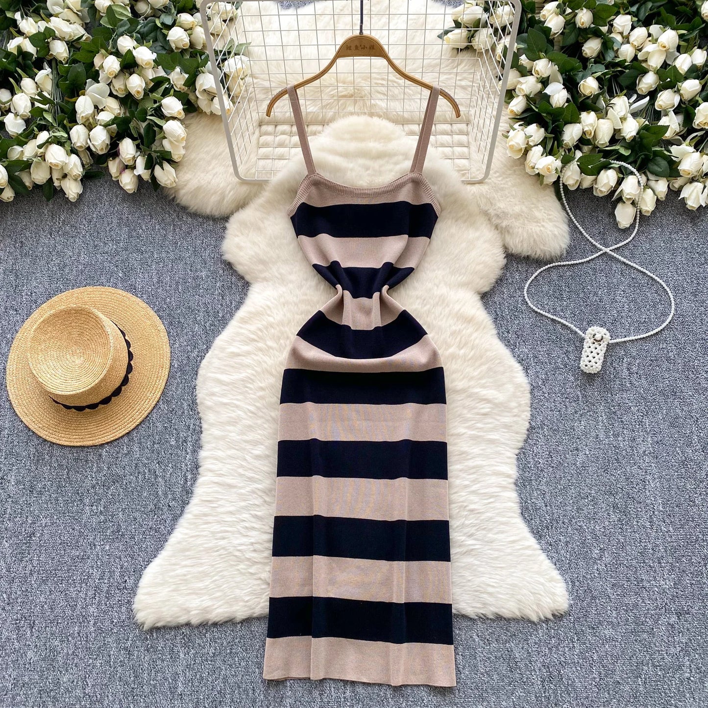2025 & 2026 Lady New Stripes Ins Fashion Sexy Package Hips Bodycon Dress  Summer Knitted Spaghetti Straps Outfits Maxi Long Women Dress
