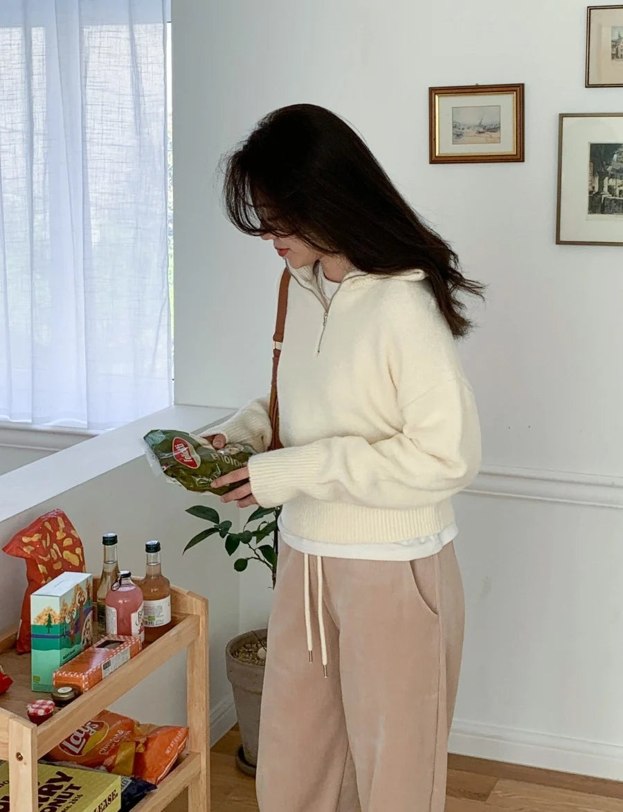 Women's Casual Loose Knitted Sweater Autumn Winter Chic Design Versatile f Zipper Stand Collar  Color Top