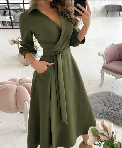 Spring Autumn Fashion Office Ruched Dress Long-sleeved V-neck Red Black Blue Bag Hip Dress Women's Clothing Dress for Women