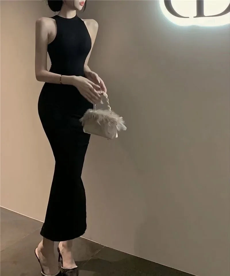 Elegant High Waist Long Sleeveless Dress Neck Hanging Wrap Skirt Slimming Goddess Style Polyester Fiber round Neck Gown