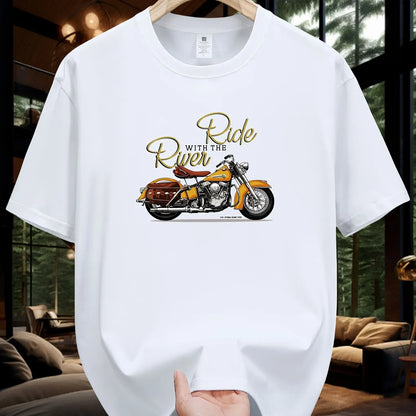 Men's Summer 100 Cotton Fashionable Casual Loose Large Size Classic Motorcycle Pattern Printed Round Neck Short Sleeve T-shirt
