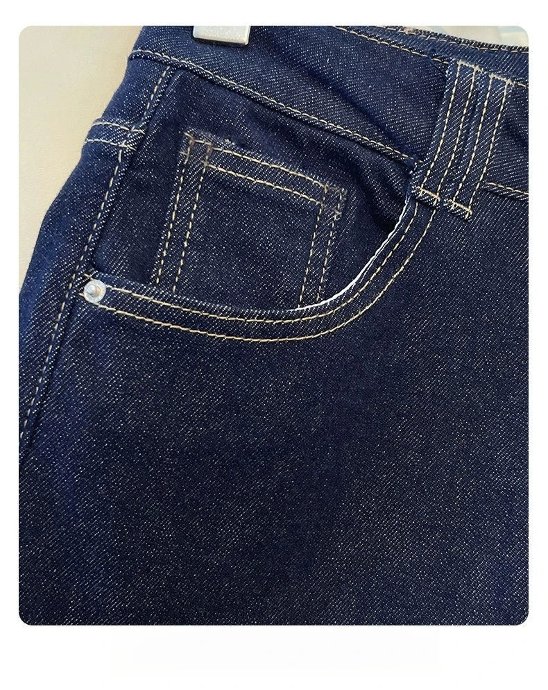 Female Trousers Women Button Zipper Closure Pockets Cozy Lady Pants Stylish Navy Blue Denim High Waisted Wide Leg Casual Jeans