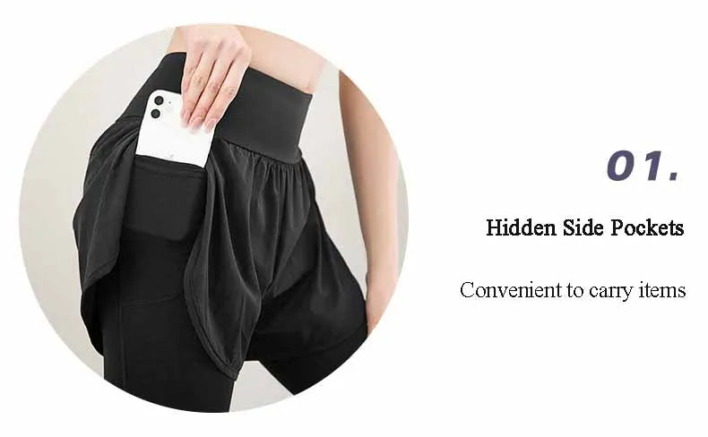 Women's Gym Leggings Elastic High Waist Fake Two Pieces Yoga Pants With Pockets Sportswear Running Tights Gym Yoga Wear