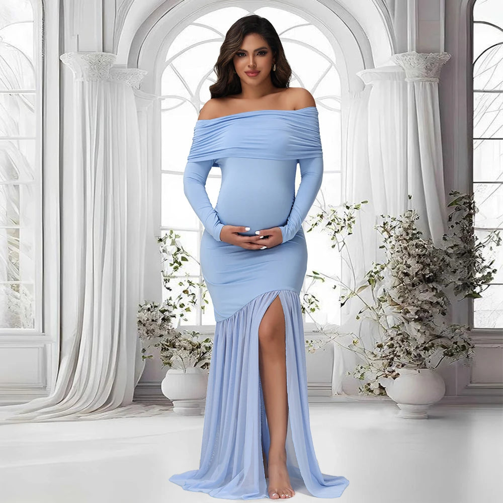Maternity Dresses Photoshoot Off-Shoulder Slits Fishtail Hem Baby Shower Clothes For Pregnant Woman Evening Party Elegant Gown