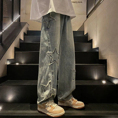 Xpqbb Y2K Vintage Streetwear Jeans Women Harajuku Star Aesthetic Wide Leg Denim Trousers High Waist Unisex Couple Straight Pants